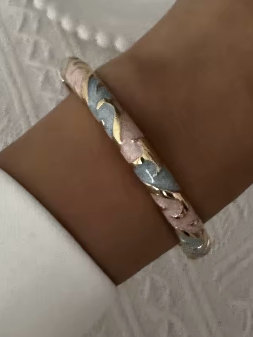 Elegant Pink and Blue Enamel Bangle Bracelet with Gold Accents